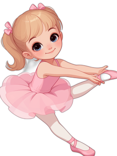 Cute cartoon girl in a pink ballet dress, in a dancing pose, with a smiling face, white socks and shoes, on a black background, in the style of 2D game art, kawaii, with a chibi character design, at a high resolution, with no outline, no text, as a full body shot, of high quality.