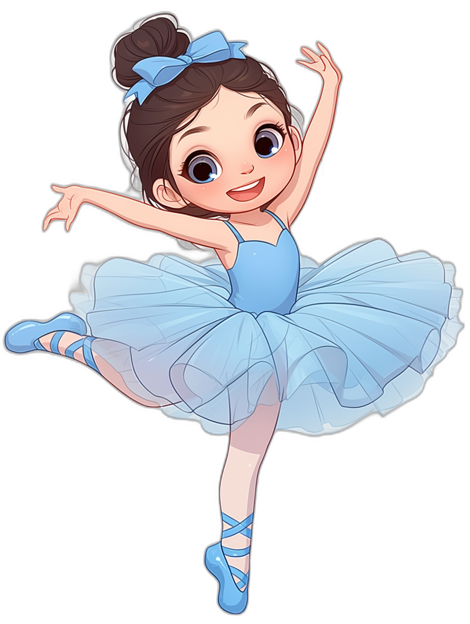 Cute ballerina in a blue dress and shoes, smiling, doing a ballet pose. Vector illustration with a black background in the style of chibi and Disney Pixar cartoon styles.