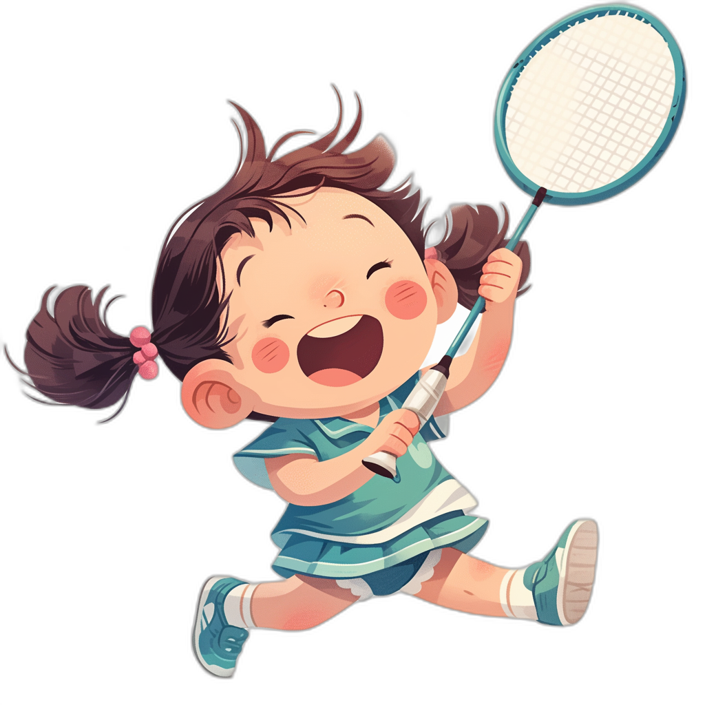 cute little girl playing badminton, happy face, clipart style with black background