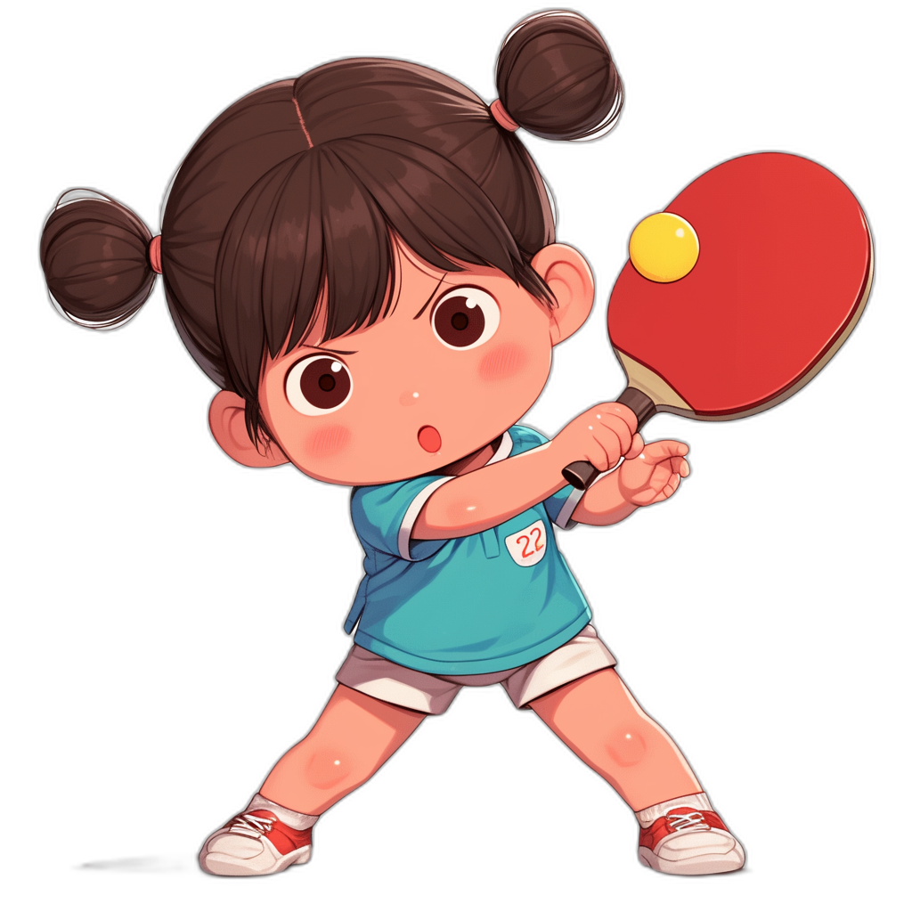 A cute little girl is playing table tennis, holding the racket in both hands and hitting the ball with it., Chinese style illustration,, simple strokes, black background， Chibi character design, chibii cartoon style, cute version of characters, front view, flat illustration, full body portrait, red shoes, blue Tshirt, white shorts, brown hair