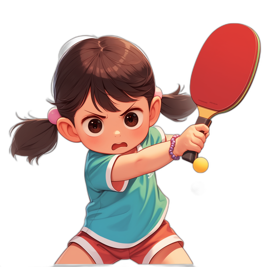 A little girl playing table tennis in the style of a cartoon, with a simple solid black background. She is wearing short sleeves and shorts, holding the bat with both hands to hit back the ball. She has a ponytail hairstyle and a cute expression on her face.