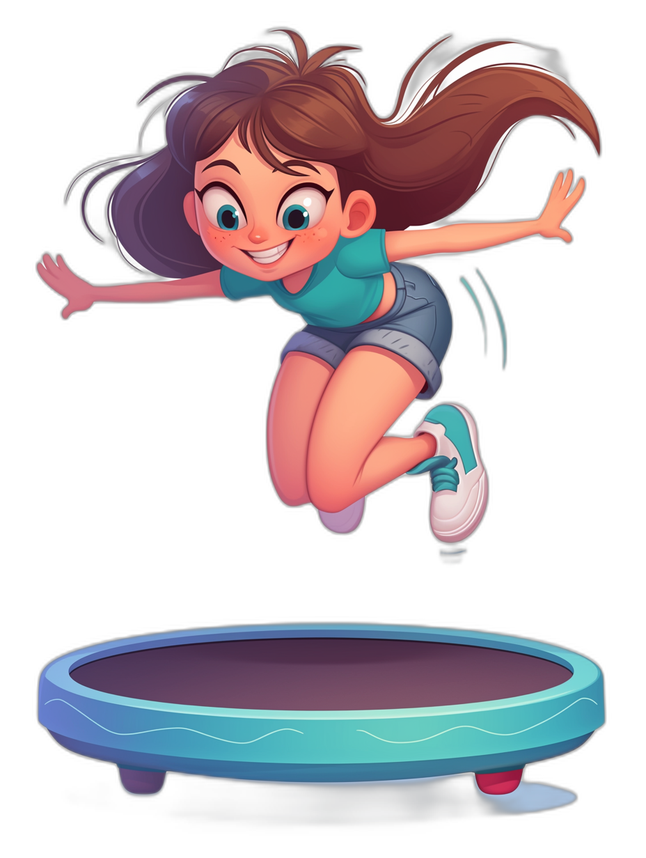 A cartoon girl is jumping on the trampoline with a Disney style character design and a black background. She has long brown hair, blue eyes, and is wearing shorts, a short-sleeved teal t-shirt, and white sneakers. The colors should be bright and vivid. It is a detailed illustration with high resolution set against a solid color background for easy virtual environment application. in the style of Disney.