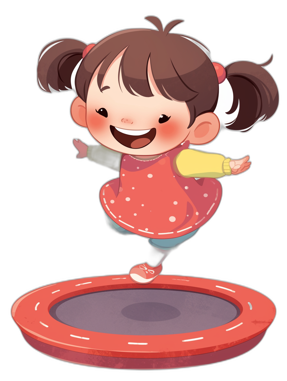 A cute little girl is jumping on the trampoline with a happy expression in the style of a cartoon. It is a simple illustration with solid color background and simple lines featuring high-definition details and the best quality rendering techniques at a high resolution. Black and red tones are used. A cute little Asian baby with a double ponytail hair style smiles while playing in an indoor playground. She was wearing a pink polka dot dress, yellow shirt, blue pants and white shoes in the style of a simple illustration.