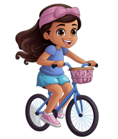 A cute little girl with dark brown skin, wearing blue tshirt and short skirt is riding her bike on the street , she has big eyes and long hair in pink headband , simple flat cartoon style, isolated black background . She wears sneakers and carries an empty basket hanging from its handlebar. The illustration should capture her joyful expression as well as details of his outfit.