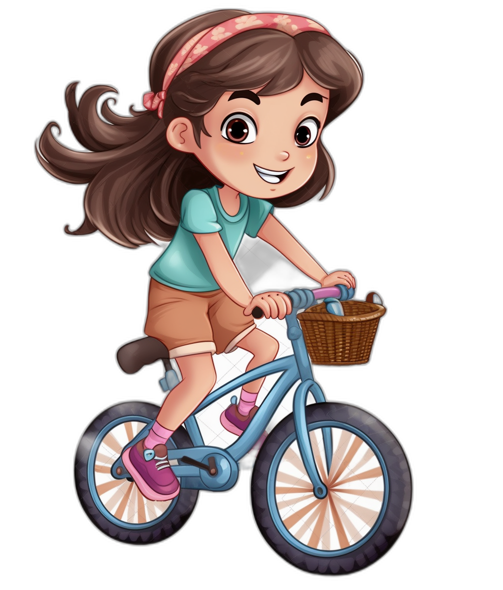 A cute cartoon girl riding her bike with the basket in front, she has brown hair and pink shoes, in the clip art style, isolated on a black background, a high resolution photo, professional photography, a full body portrait.