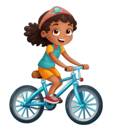 A cute happy Indian girl character wearing sportswear, riding on her bicycle with blue wheels and bright color accents in the style of Pixar animation, clipart isolated against a black background