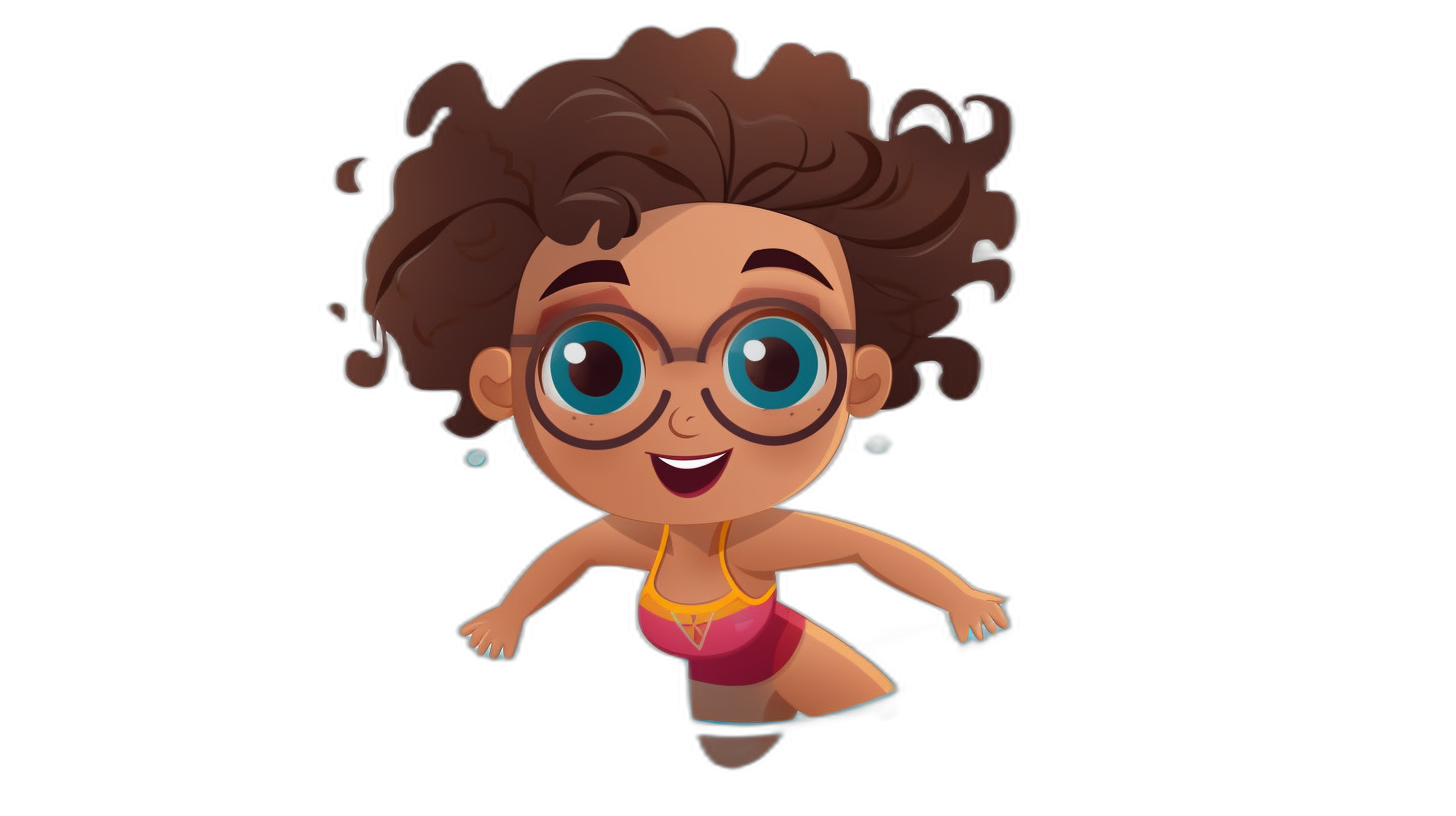 A cute little girl with curly brown hair and big blue eyes, wearing glasses in a swimming suit smiling while floating on a black background in the style of Pixar, 3D animation character design for a game, 2d illustration.