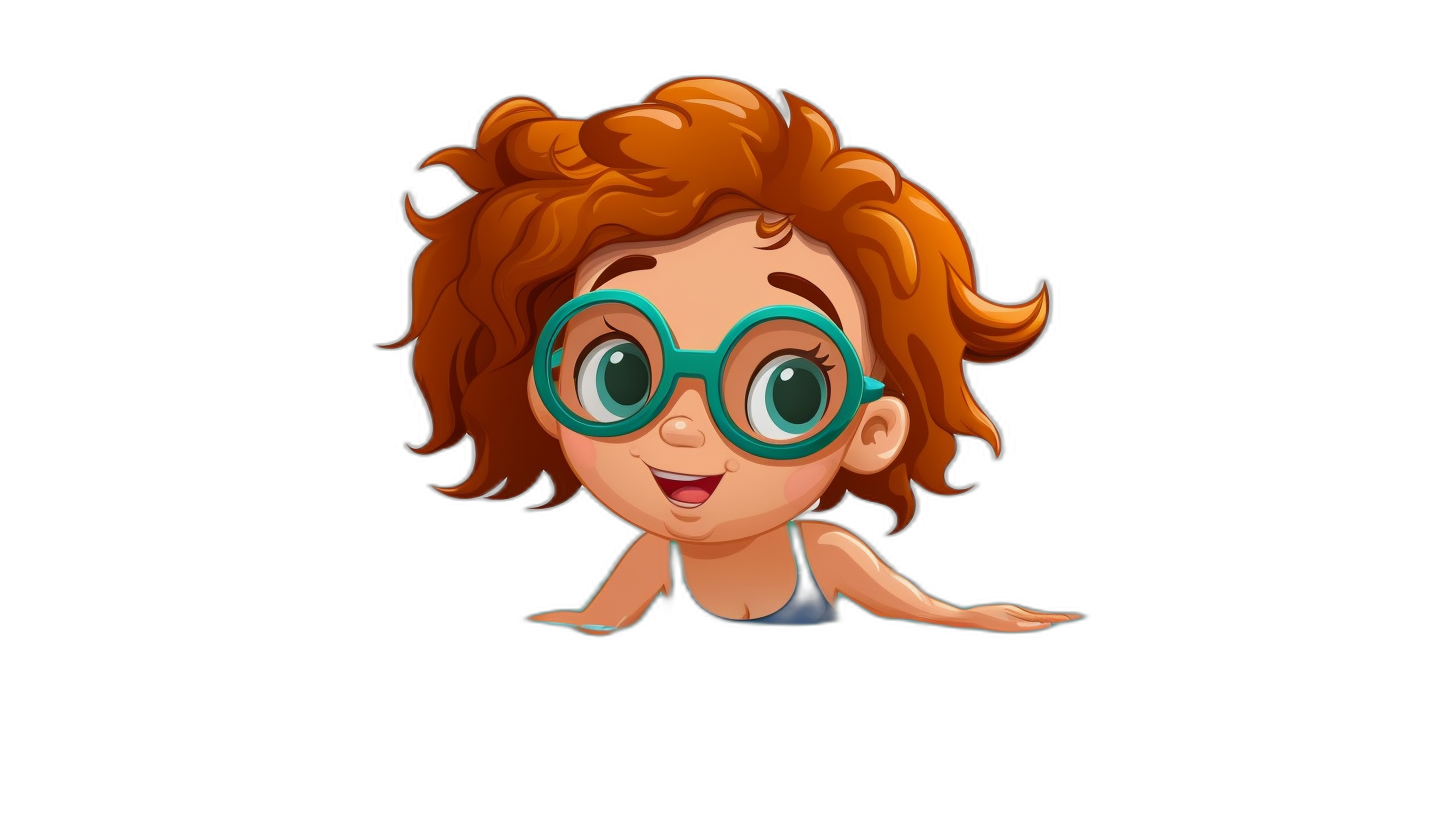 little girl with short curly red hair and big green glasses on a black background, in the cartoon style, logo design for a kids’ app, cute style, vector graphics, simple lines, a dark blue shirt, lying down pose, smiling, playing in the water, simple shapes, a black outline, white space around the character, isolated from the background, simple background