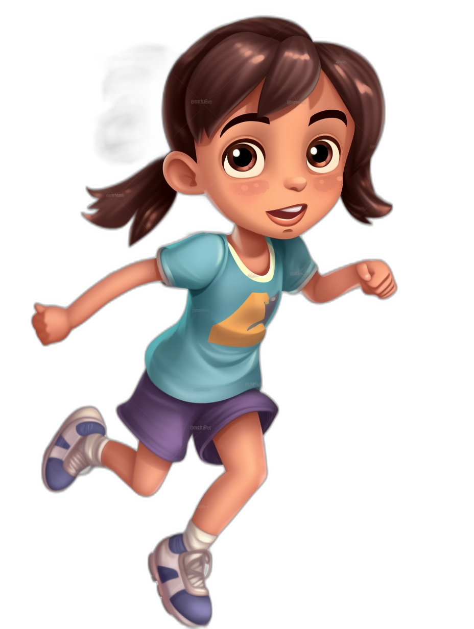 A cute girl running in the style of Pixar, cartoon character wearing a blue t-shirt and purple shorts with white shoes, brown hair in a ponytail, big eyes, a happy facial expression, a full body shot against a black background, high resolution.