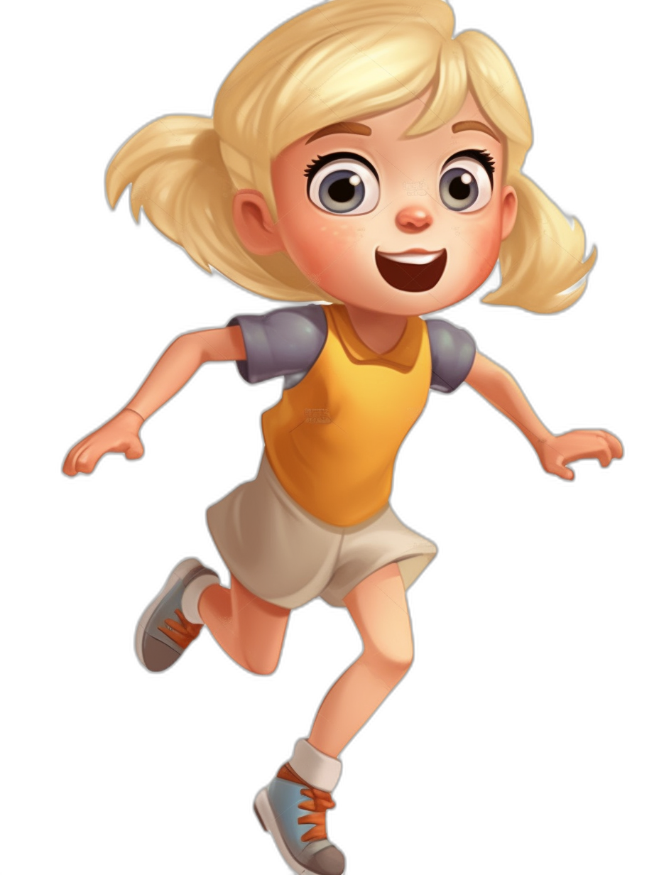 A blonde girl with big eyes, wearing shorts and sneakers is running happily in the air. She has an innocent smile on her face, dressed in casual . Her hair should be straightened by the wind. Pixar style character design, Disney cartoon animation illustration in the style of Pixar. Black background.