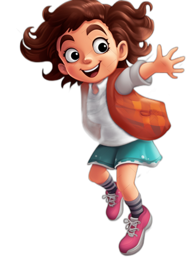 A cute girl with brown hair and pink shoes is jumping. She is wearing an orange backpack on her back. She has black eyes, a dark blue skirt, grey socks and white sneakers. She is a pixar style cartoon character, smiling, isolated in pure solid background.