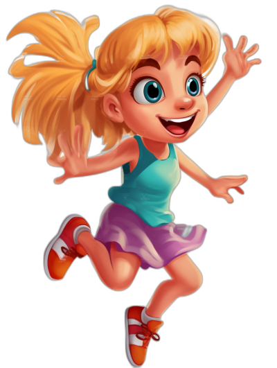 A cartoon character of an energetic and cheerful little girl with blonde hair in pigtails, wearing red sneakers, she is smiling big while jumping, blue eyes, in the style of Pixar, full body shot, black background.