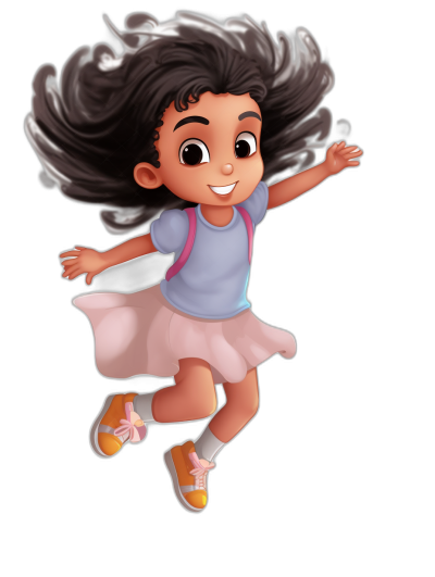 Cute girl with dark hair and brown skin in a school uniform with a pink skirt, white t-shirt and blue top, jumping on a black background in the style of Pixar and Disney animation character design.