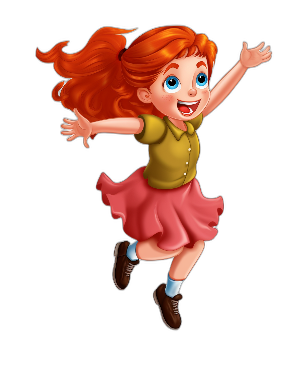 A cute red haired girl, in the style of Pixar, cartoon character, jumping up and down with joy, wearing a skirt, isolated on a black background, high resolution.