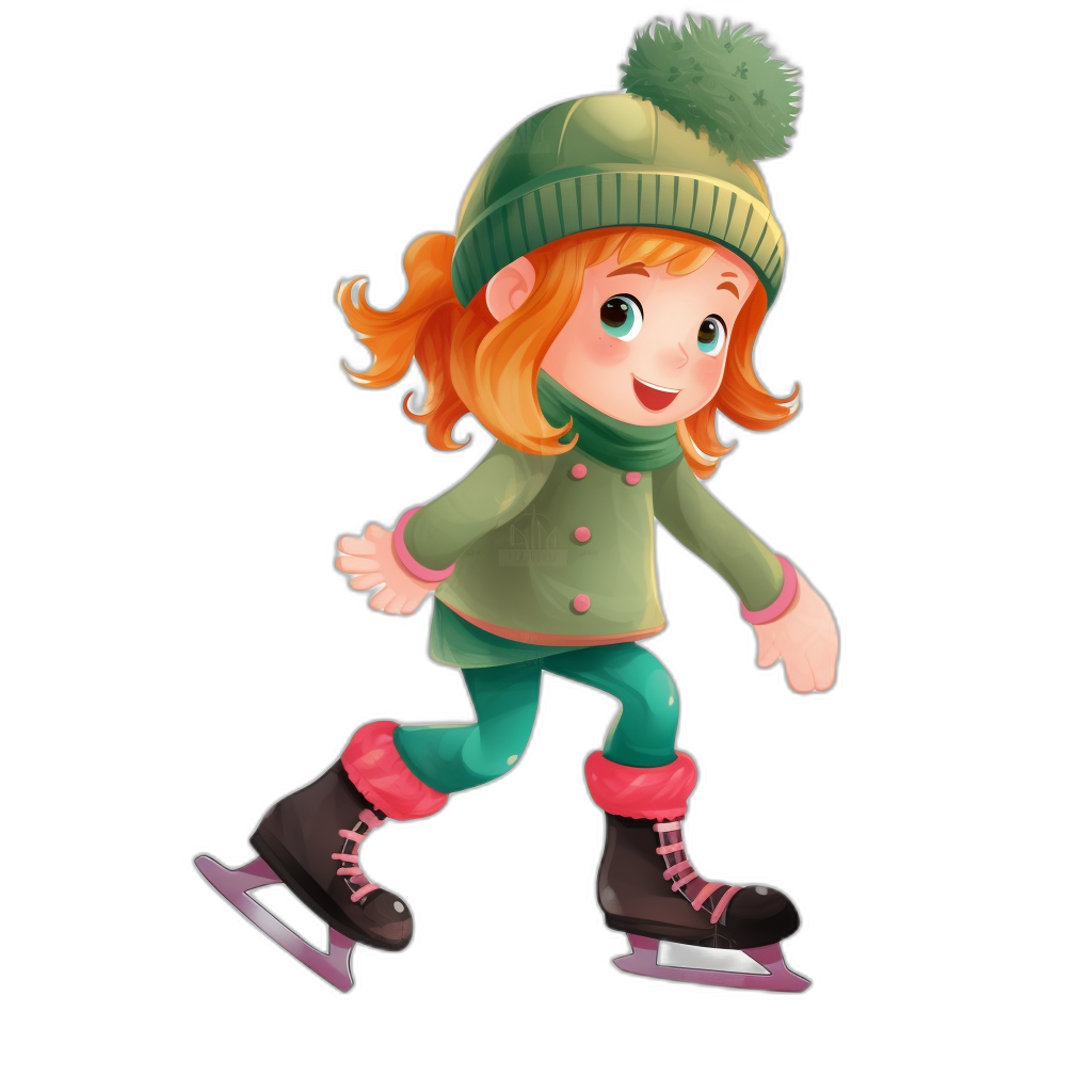 A cute girl skating, wearing a green hat and pink skates with a black background, in the style of cartoon, 2D game art, colorful , a full body portrait, high resolution, flat illustration, cartoon character design, cartoon face shape, simple details, happy expression. She is smiling while ice skating. Her hair should be orange red in color.