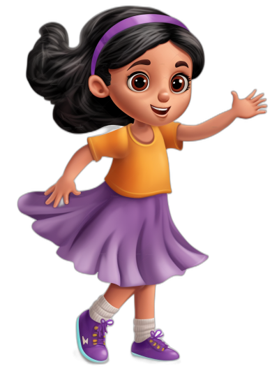 A cute little girl, wearing a purple skirt and yellow t-shirt with black hair in a ponytail style, smiling face expression while waving her hand happily, character sheet, Disney Pixar cartoon animation illustration, full body, high resolution, high details, black background, purple shoes, purple headband, brown eyes, big eyelashes, white socks, orange sneakers, 3D rendering, 20 megapixels, colorful  in the style of Disney Pixar.