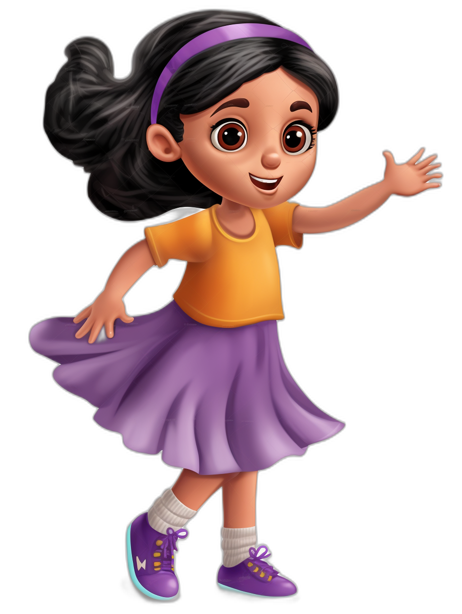 A cute little girl, wearing a purple skirt and yellow t-shirt with black hair in a ponytail style, smiling face expression while waving her hand happily, character sheet, Disney Pixar cartoon animation illustration, full body, high resolution, high details, black background, purple shoes, purple headband, brown eyes, big eyelashes, white socks, orange sneakers, 3D rendering, 20 megapixels, colorful  in the style of Disney Pixar.