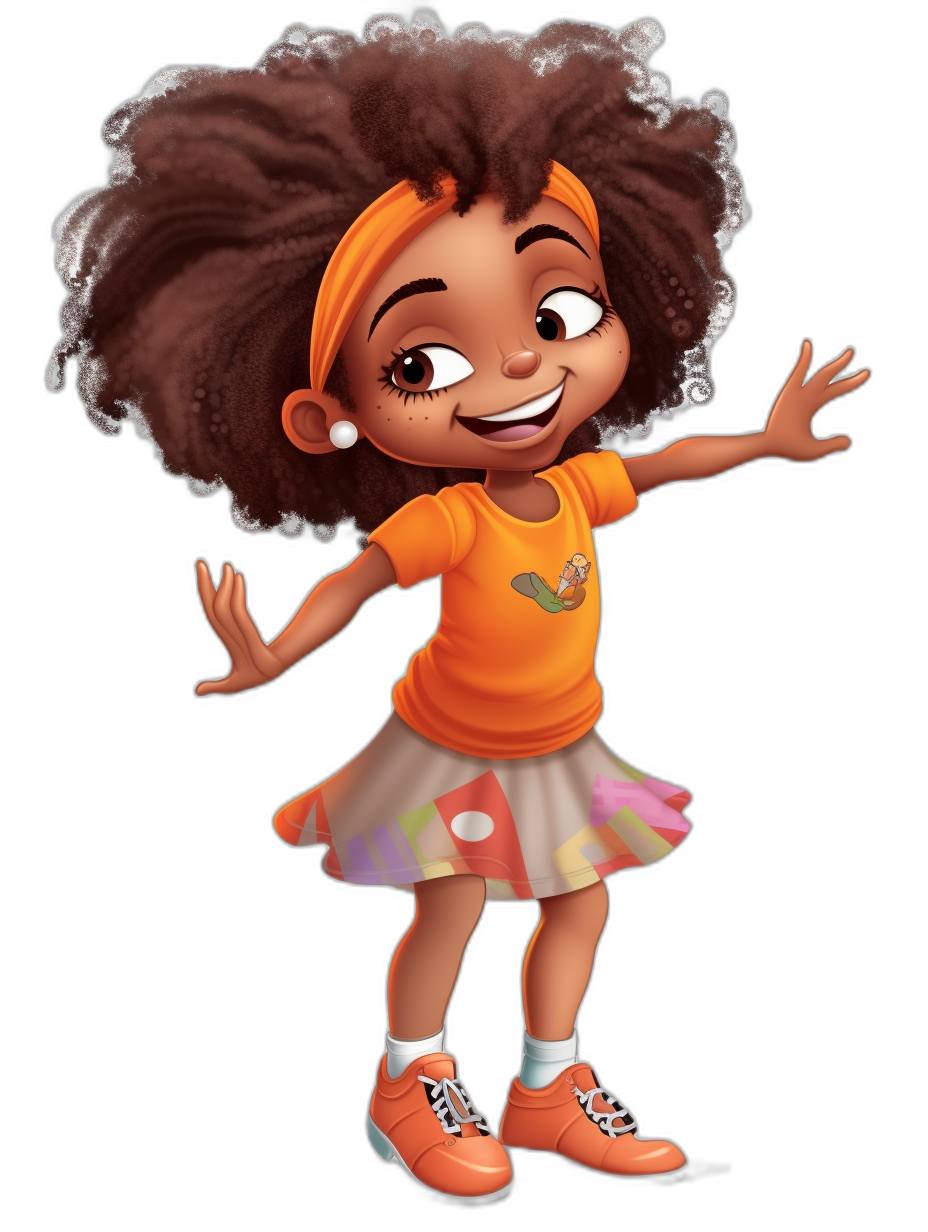 A cute African American girl with an afro hair style, wearing an orange shirt and skirt with dots, smiling with a full body pose on a black background. She has a white outline around the edge of her head, big eyes, and is wearing sneakers and a headband. The style is reminiscent of Pixar cartoon animation character design.