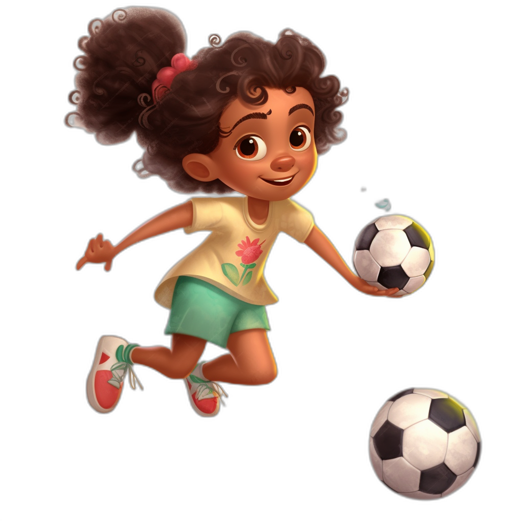 A cute little girl playing football in the style of Pixar, cartoon character design in the Disney style, full body illustration, black background, wearing a yellow tshirt with green shorts and white shoes, dark brown skin tone, curly hair with a pink ribbon in her head, dribbling the ball, happy expression, full color, high resolution