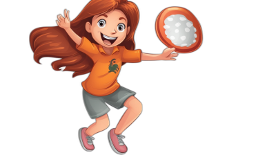 A young girl with long brown hair, wearing an orange shirt and gray shorts, is holding up her white light bulbshaped frisbee in the air while smiling on black background, cartoon style vector illustration character design for kids book