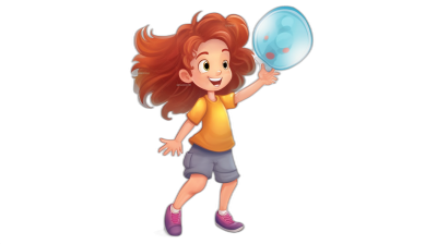 A cute girl with red hair, wearing a yellow t-shirt and grey short pants is playing frisbee on a black background in the style of Disney Pixar cartoons. She has purple shoes. Her hand is holding a blue bubble of water, she's smiling and having fun. The illustration was created using vector graphics, giving it an elegant appearance. This character can be used for various purposes such as graphic design or animation.