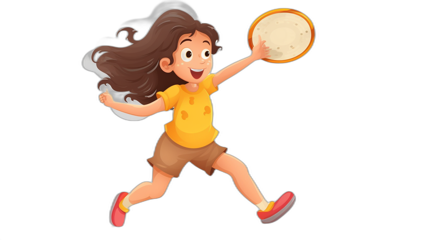 A happy girl in a yellow shirt and brown shorts, with long hair running and holding a frisbee in the style of a cartoon vector on a black background.