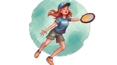 A young girl playing frisbee, wearing a blue t-shirt and cap with shorts in the style of comic illustration, vector art, full body shot, on a black background, flat design, high resolution, character sheet, full color, full-length portrait, cartoon, 2D game graphics, simple line art, flat colors, low detail.