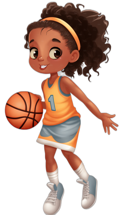 Cute black girl basketball player, in the style of Disney Pixar character design, clipart, solid dark background, high resolution, professional illustration, on white shoes with number one written in blue font, holding a ball and dribbling, wearing an orange jersey with a grey short skirt, big eyes, smiling face, yellow headband, long curly hair. Black isolated background.