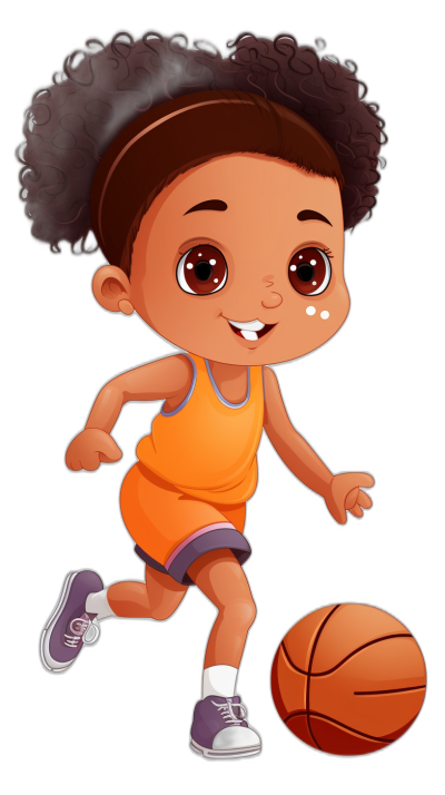 A cute little African American girl with big brown eyes and curly hair playing basketball in the style of a cartoon, in a vector design, on a black background, wearing an orange jersey, shorts, purple shoes, and white socks, holding the ball in her hand while running, smiling at the camera, with a cute baby face. Vector illustration. Isolated on a black background. No mockup or text on the picture. In the style of a children's book. In the style of Pixar. A cartoon character. On a black background. With clean edges. Detailed. High resolution.