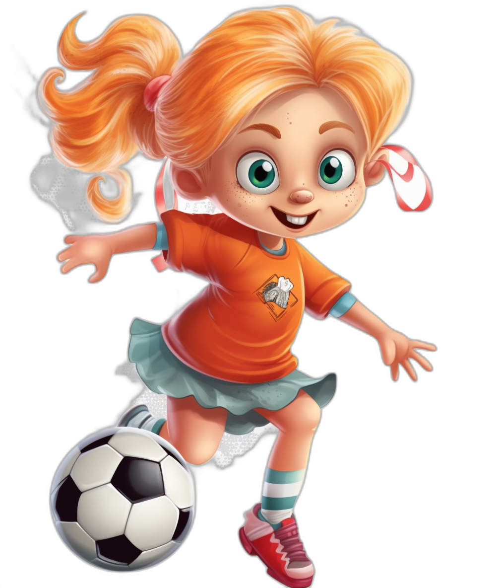 The most beautiful character for kids games, in a cartoon style. A cute girl playing soccer in an orange t-shirt and green skirt with white stripes, with blonde hair with red tips and big eyes, on a black background, in the style of Pixar quality.