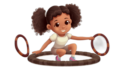 African American girl, aged 57 years old, in the style of Pixar with big eyes and curly hair in pigtails is sitting on top of the trampoline holding two circular black gym rings around her waist while smiling. Black background.