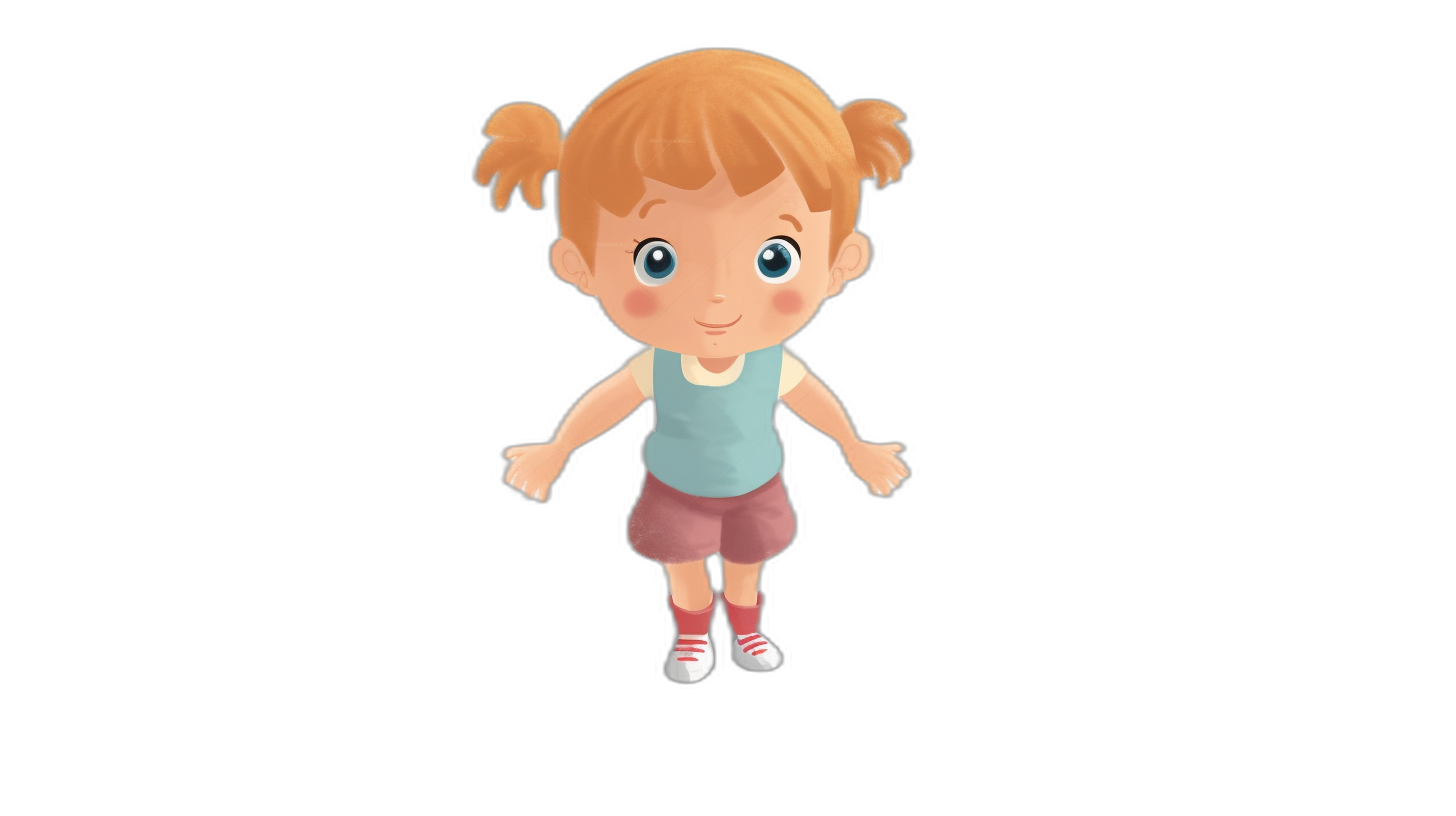 A cute little girl with a simple full body character design and facial expressions on a black background. The animation style is cartoon with colorful . She wears red shoes, pink short pants and a blue top. Her medium length blonde hair is tied in pigtails. A fullbody shot of an adorable young female child avatar in the style of Pixar, wearing bright colors.