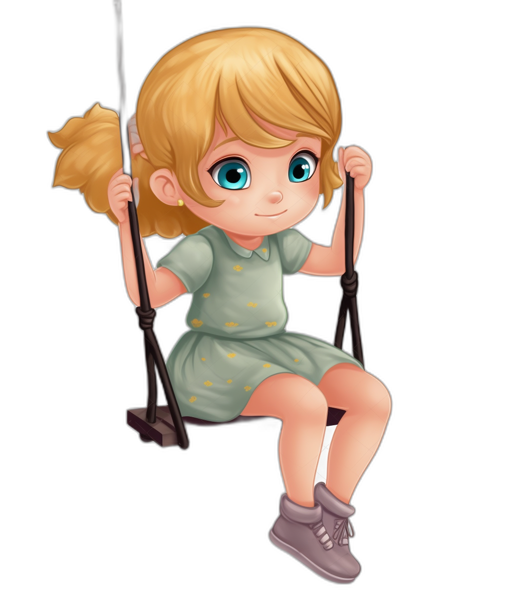 A cute little girl with blonde hair and blue eyes is sitting on the swing, wearing a light green short-sleeved dress and grey shoes against a black background, in the cartoon style and Disney Pixar animation character design.