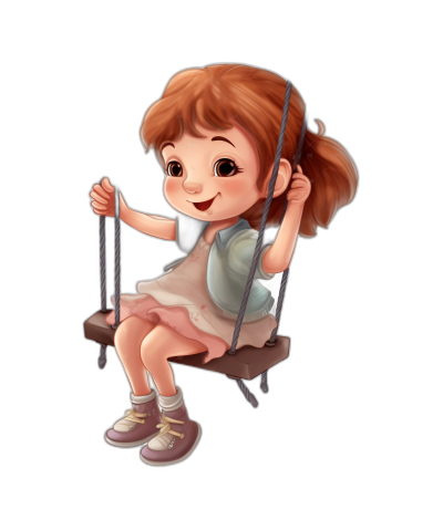 A cute little girl sitting on the swing, with a happy expression. The illustration style is simple, with a black background, simple lines and shapes. A full body portrait of a cartoon character, in the style of cartoon animation. A high definition, high resolution image with high detail and quality. The best picture quality.