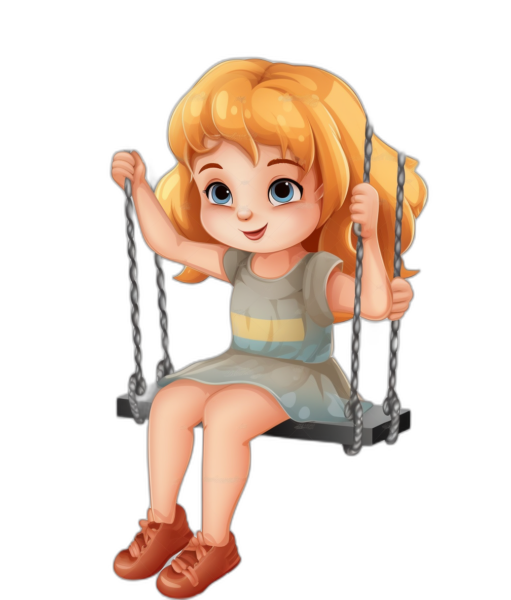 Cute little girl sitting on the swing in the style of cartoon, black background, 2D game art style, in the style of Disney Pixar animation, wearing a short-sleeved dress and brown shoes, big eyes, smiling expression, blond hair, simple design, full body shot, high resolution, high detail, high quality.