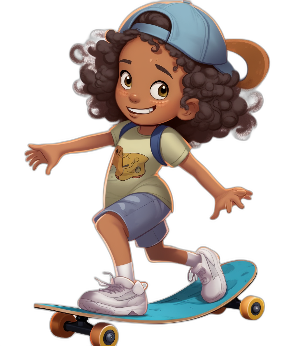 a cute cartoon girl with dark brown skin and curly hair wearing blue baseball cap, white shirt with yellow logo in the middle of it, grey shorts and light purple shoes is riding on her skateboard isolated black background