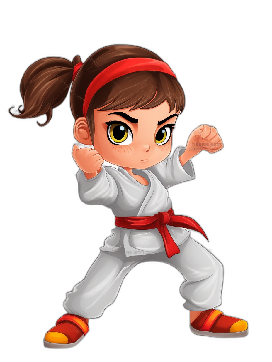 chibi style girl doing karate, white uniform with red belt , black background, cute cartoon