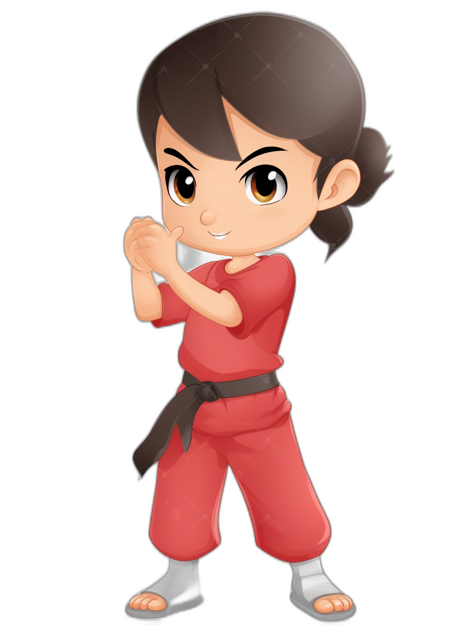 A cute cartoon girl in a red karate outfit ready to fight against a black background, depicted in the full body in the style of vector art suitable for an app icon.