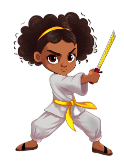 A cute little African American girl with curly hair dressed in white martial arts attire and yellow belt, holding up her massive katana sword to the side of his head ready for battle. She has an angry expression on her face. Chibi style character design. Black background. Pixar cartoon style. Full body shot.