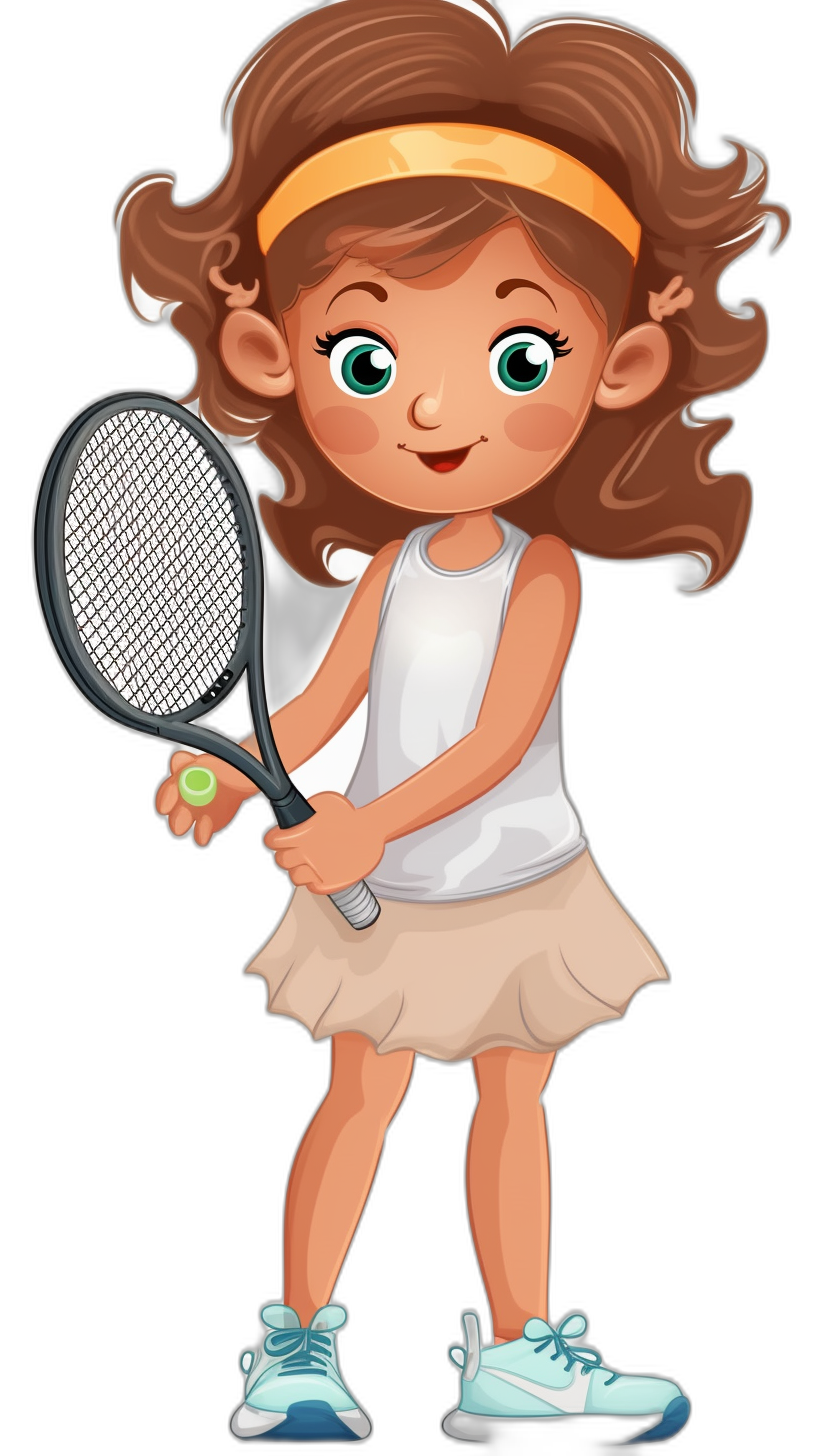 Cute girl playing tennis clip art, simple line drawing cartoon in the style of cute style on a black background with high definition image quality.