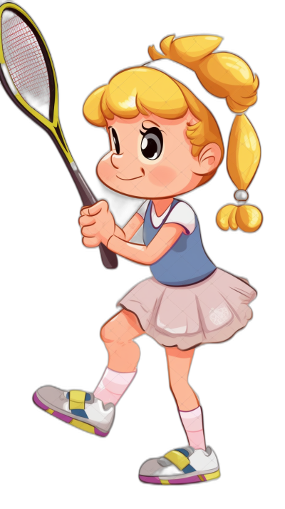 A blonde girl with pigtails playing tennis, wearing white socks and blue shoes, cartoon style vector illustration on a black background. The character is depicted in the style of Super Mario games. She has large eyes and wears a pink skirt and navy top. Her hair forms two ponytails that adds to her cute appearance. A yellow badminton racket held at an angle behind her back highlights its use as part of sports equipment or game equipment.