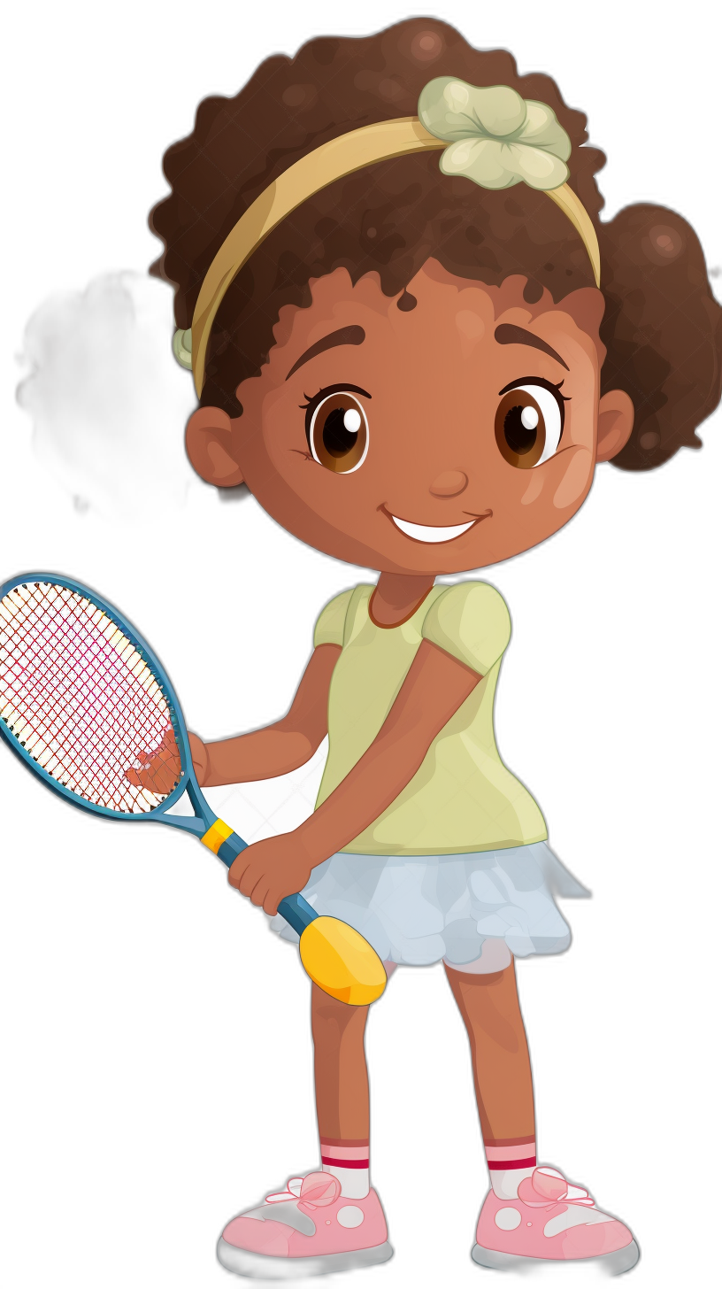 African American toddler girl character, brown skin with big eyes and curly hair in two ponytails wearing a light green t-shirt and pink shoes holding a tennis racket playing in the style of Disney with a pixar quality on a black background clipart.