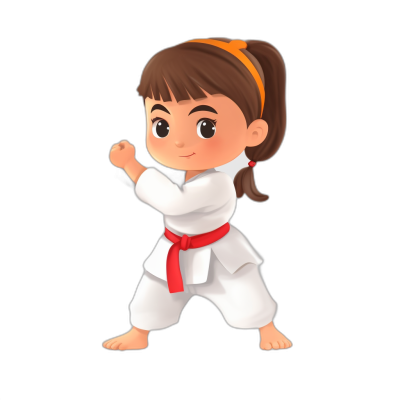 A cute little girl in a white karate outfit, doing various martial arts moves or techniques with a red belt on a black background. She has brown hair and is smiling while practicing karate, kung fu, and jiujitsu kick training. Vector illustration for children's book in the style of a cartoon style cute character design vector illustration. Isolated object in the middle of body, in an Asian style, bright colors, cartoonish cuteness, detailed character expressions, simple lines.