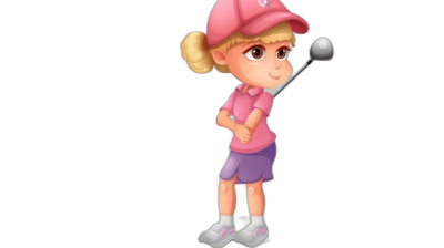 A young girl in a pink golf shirt, purple skirt and white shoes playing golf in the style of a cartoon character against a black background.