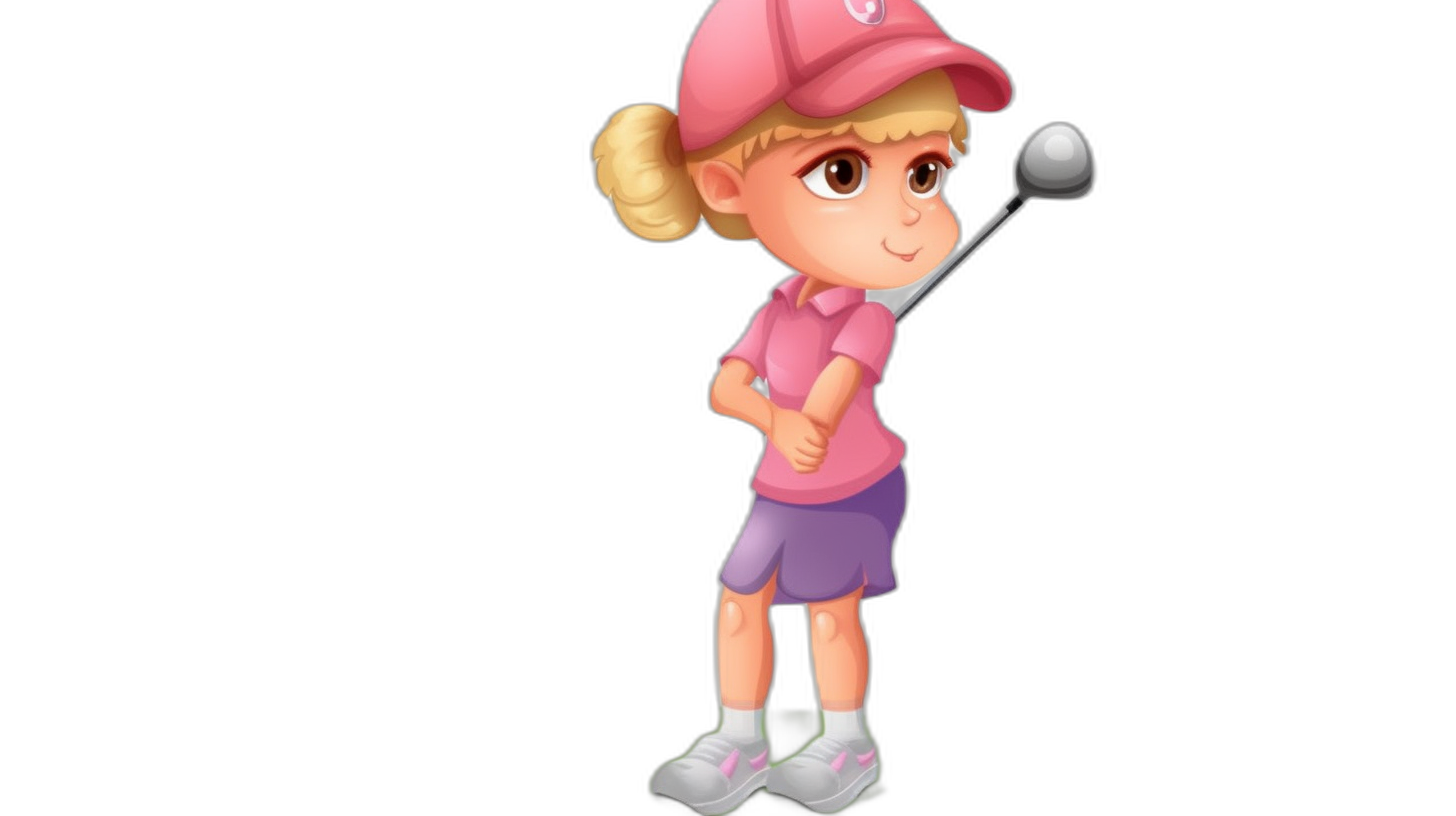 A young girl in a pink golf shirt, purple skirt and white shoes playing golf in the style of a cartoon character against a black background.