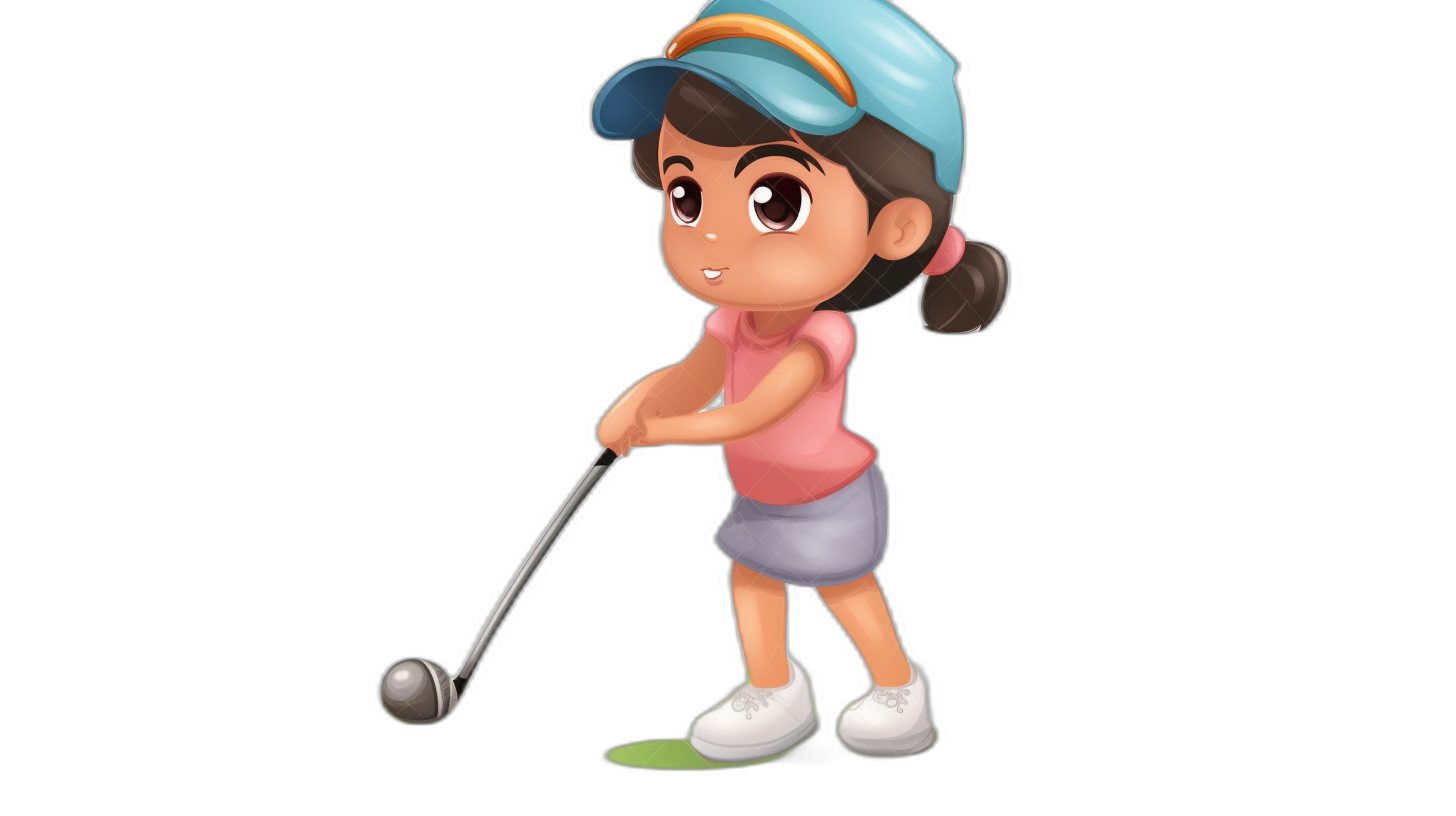 A young girl playing golf, wearing a blue cap and pink shirt with white shoes, in the style of cartoon, simple design, black background, full body shot, in the style of a cartoon character, vector illustration, cute and adorable, cute pose, high quality, high resolution, in the style of 3D rendering, in the style of Pixar animation, 2d game art