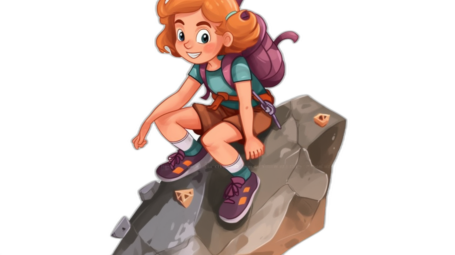 A cute cartoon girl sitting on top of a rock, wearing shorts and hiking shoes with purple socks around her ankle. She has short curly red hair and green eyes. A backpack is hanging behind her back against a black background. It is a full body shot with high resolution, detail, quality and definition in a high pixel image.