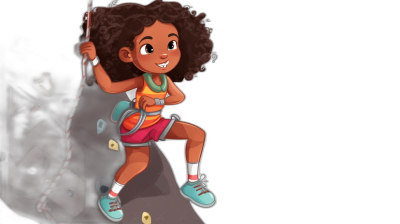 African American girl with curly hair climbing rock wall, in the style of a cartoon children's book illustration, full color, simple black background, high resolution