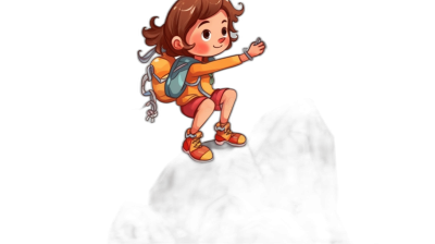 A little girl hiking is flying in the style of cartoon style against a solid black background in the game art style.