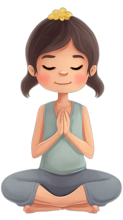 A cute little girl is doing yoga in a cartoon style with a black background. She has dark brown hair and her eyes are closed while she meditates in the lotus position wearing a light blue tank top and grey leggings. Her hands are placed together at chest level, palms facing each other and fingers crossed into a praying hand pose. The yellow headband on her forehead highlights the focus of meditation. It's a simple yet powerful depiction that captures attention.